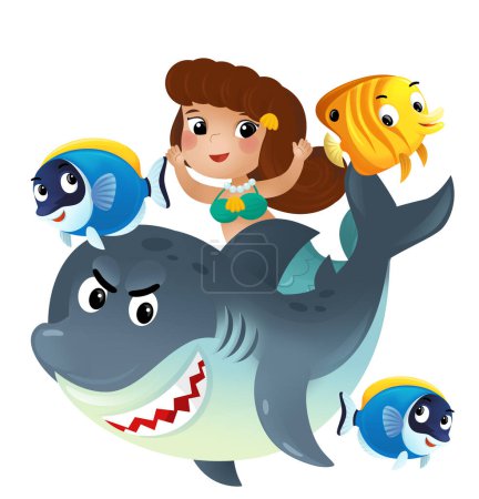 Photo for Cartoon scene with mermaid princess and shark swimming together having fun with coral reef fishes isolated illustration for children - Royalty Free Image