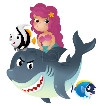 Foto de Escena de dibujos animados con princesa sirena y tiburón nadando juntos divirtiéndose con peces de arrecife de coral ilustración aislada para niños - Imagen libre de derechos