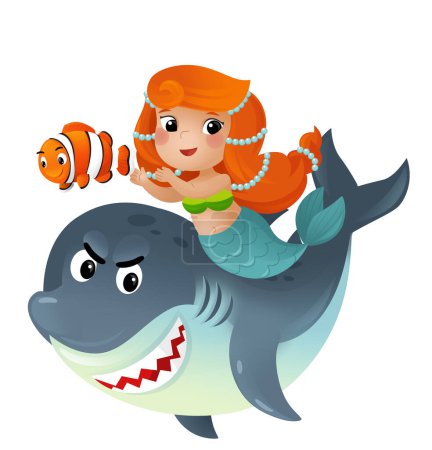 Foto de Escena de dibujos animados con princesa sirena y tiburón nadando juntos divirtiéndose con peces de arrecife de coral ilustración aislada para niños - Imagen libre de derechos