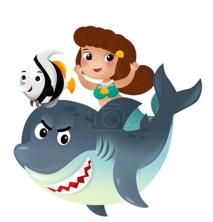 Photo for Cartoon scene with mermaid princess and shark swimming together having fun with coral reef fishes isolated illustration for children - Royalty Free Image