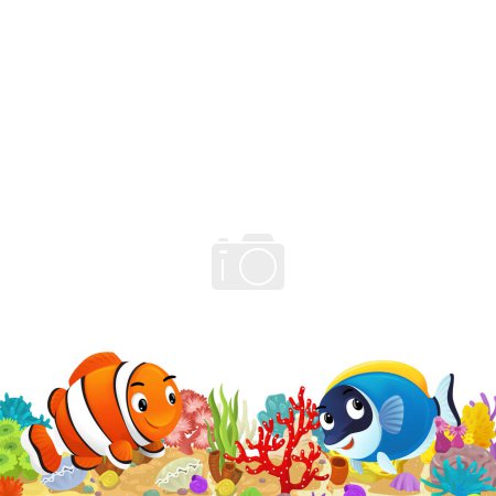 Téléchargez les photos : Scène de dessin animé avec récif corallien et poissons heureux nageant près de l'illustration isolée pour les enfants - en image libre de droit