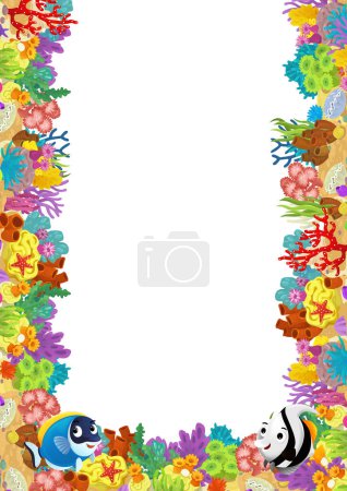 Foto de Escena de dibujos animados con arrecife de coral y peces felices nadando cerca de ilustración aislada para niños - Imagen libre de derechos