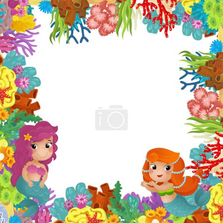 Foto de Escena de dibujos animados con arrecife de coral princesa sirena y peces felices nadando cerca de ilustración aislada para niños - Imagen libre de derechos