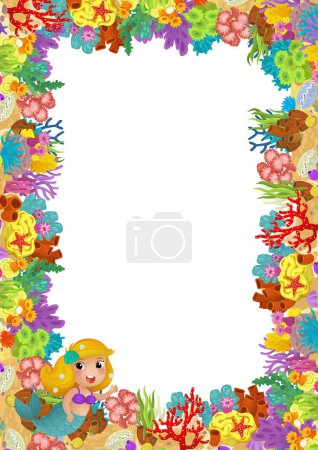 Téléchargez les photos : Scène de dessin animé avec corail récif sirène princesse et poissons heureux nager près illustration isolée pour les enfants - en image libre de droit