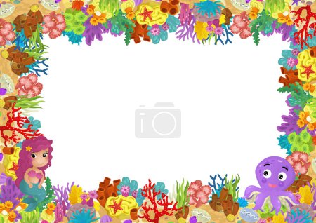 Photo for Cartoon scene with coral reef mermaid princess and happy fishes swimming near isolated illustration for children - Royalty Free Image