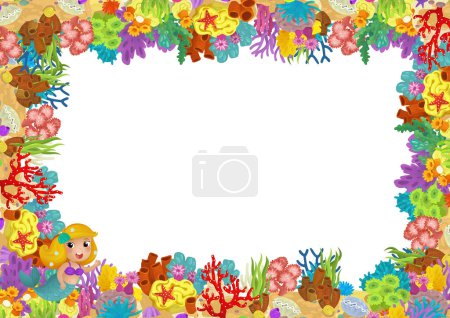 Téléchargez les photos : Scène de dessin animé avec corail récif sirène princesse et poissons heureux nager près illustration isolée pour les enfants - en image libre de droit