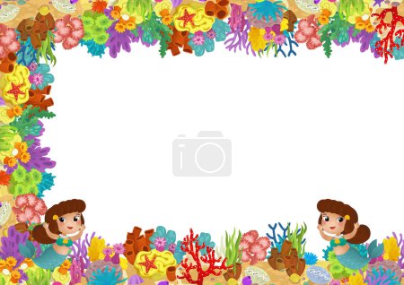 Photo for Cartoon scene with coral reef mermaid princess and happy fishes swimming near isolated illustration for children - Royalty Free Image