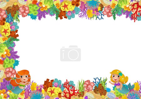 Foto de Escena de dibujos animados con arrecife de coral princesa sirena y peces felices nadando cerca de ilustración aislada para niños - Imagen libre de derechos