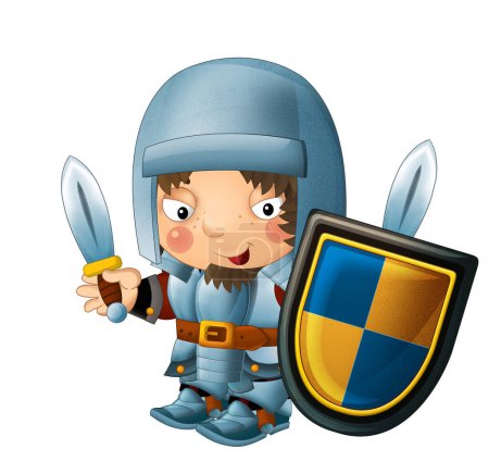 Téléchargez les photos : Scène de dessin animé avec chevalier heureux médiéval en armure illustration isolée pour les enfants - en image libre de droit