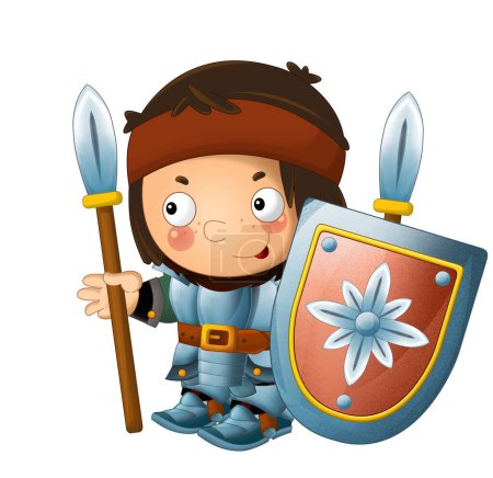 Téléchargez les photos : Scène de dessin animé avec chevalier heureux médiéval en armure illustration isolée pour les enfants - en image libre de droit