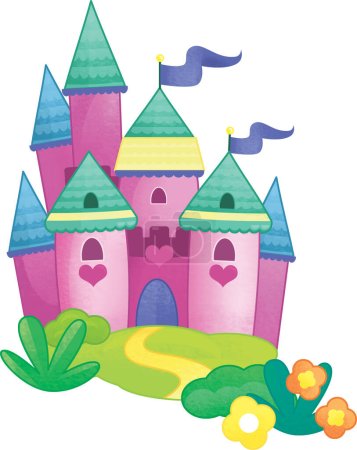 Cartoon beautiful and colorful medieval castle illustration for kids