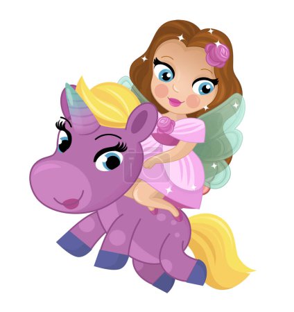 Téléchargez les photos : Scène de dessin animé avec princesse sorcière chevauchant sur cheval volant pegasus illustration isolée pour les enfants - en image libre de droit