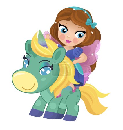 Cartoon scene with princess sorceress riding on flying horse pegasus isolated illustration for kids