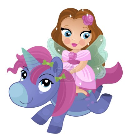 Photo for Cartoon scene with princess sorceress riding on flying horse pegasus isolated illustration for kids - Royalty Free Image