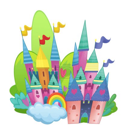 Téléchargez les photos : Dessin animé beau et coloré château médiéval illustration isolée pour les enfants - en image libre de droit