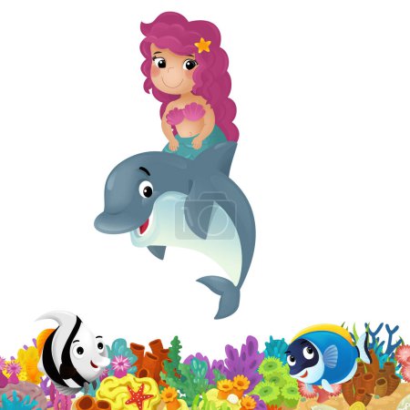 Téléchargez les photos : Scène de dessin animé avec récif corallien et poissons heureux nageant près de sirène illustration isolée pour les enfants - en image libre de droit