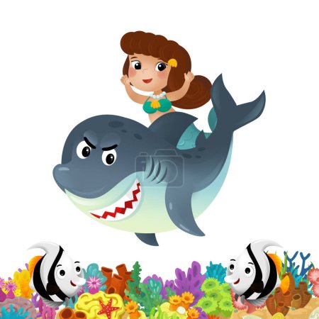 Photo for Cartoon scene with coral reef and happy fishes swimming near mermaid isolated illustration for kids - Royalty Free Image