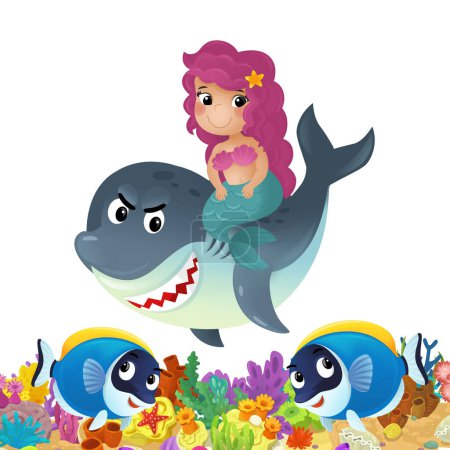 Téléchargez les photos : Scène de dessin animé avec récif corallien et poissons heureux nageant près de sirène illustration isolée pour les enfants - en image libre de droit