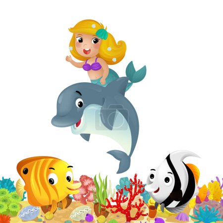 Foto de Escena de dibujos animados con arrecife de coral y peces felices nadando cerca de sirena ilustración aislada para niños - Imagen libre de derechos