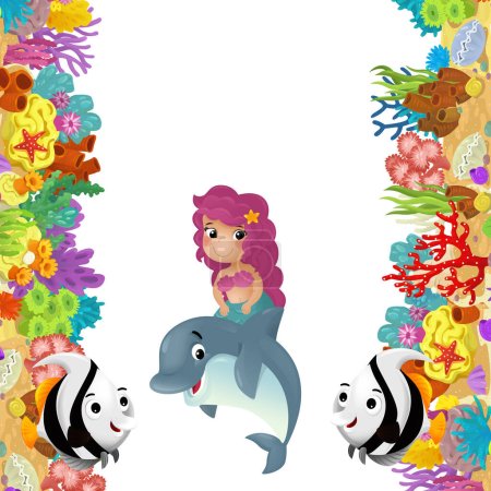 Foto de Escena de dibujos animados con arrecife de coral y peces felices nadando cerca de sirena ilustración aislada para niños - Imagen libre de derechos