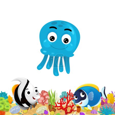 Foto de Escena de dibujos animados con arrecife de coral y peces felices nadando cerca de ilustración aislada para niños - Imagen libre de derechos