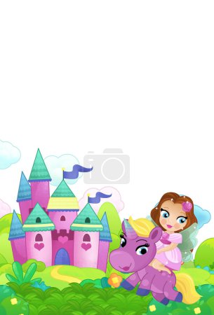 Photo for Cartoon scene forest with pony horse and fairy princess flying castle isolated illustration for kids - Royalty Free Image