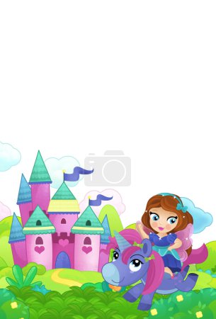 Foto de Bosque de escena de dibujos animados con caballo de caballo y princesa de hadas castillo volador ilustración aislada para niños - Imagen libre de derechos