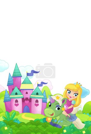 Téléchargez les photos : Forêt de scène de dessin animé avec cheval de poney et princesse de fée château volant illustration isolée pour enfants - en image libre de droit