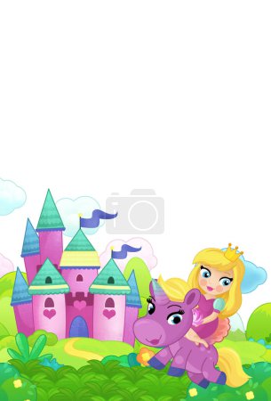 Téléchargez les photos : Forêt de scène de dessin animé avec cheval de poney et princesse de fée château volant illustration isolée pour enfants - en image libre de droit