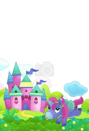 Photo for Cartoon scene forest with happy pony horses castle illustration for kids - Royalty Free Image