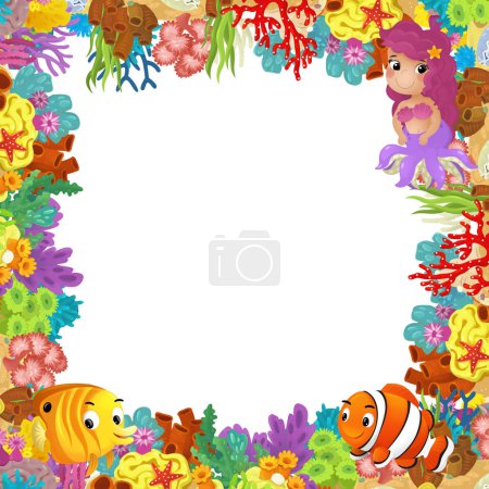 Téléchargez les photos : Scène de dessin animé avec récif corallien et poissons heureux nageant près de sirène princesse illustration isolée pour les enfants - en image libre de droit