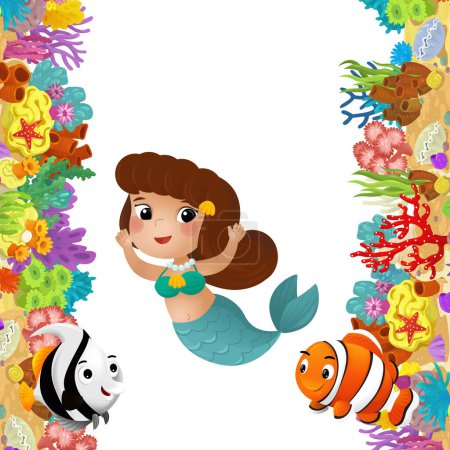 Foto de Escena de dibujos animados con arrecife de coral y peces felices nadando cerca de la princesa sirena ilustración aislada para niños - Imagen libre de derechos