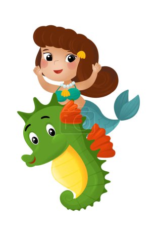 Foto de Escena de dibujos animados con princesa sirena y caballo de mar nadando juntos divertirse ilustración aislada para niños - Imagen libre de derechos