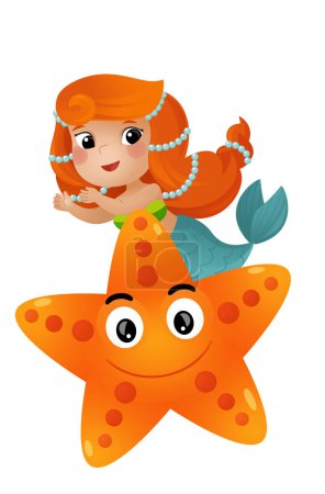 Photo for Cartoon scene with mermaid princess and star fish swimming together having fun isolated illustration for kids - Royalty Free Image