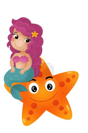 Photo for Cartoon scene with mermaid princess and star fish swimming together having fun isolated illustration for kids - Royalty Free Image