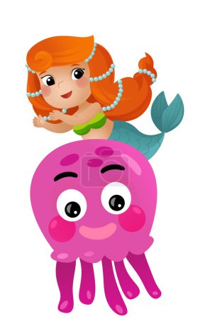 Foto de Escena de dibujos animados con princesa sirena y pulpo nadando juntos divertidos ilustración aislada para niños - Imagen libre de derechos