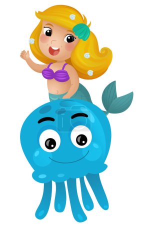 Téléchargez les photos : Scène de dessin animé avec sirène princesse et poulpe nager ensemble avoir plaisir illustration isolée pour les enfants - en image libre de droit