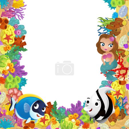 Téléchargez les photos : Scène de dessin animé avec récif corallien et poissons heureux nageant près de sirène princesse illustration isolée pour les enfants - en image libre de droit