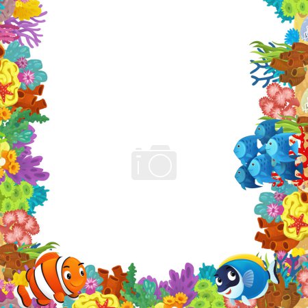 Téléchargez les photos : Scène de dessin animé avec récif corallien et poissons heureux nageant près de l'illustration isolée pour les enfants - en image libre de droit