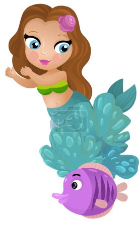 Téléchargez les photos : Scène de dessin animé avec des princesses sirènes nageant près de récif corallien illustration isolée pour les enfants - en image libre de droit