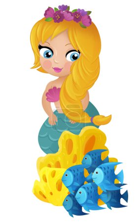 Téléchargez les photos : Scène de dessin animé avec des princesses sirènes nageant près de récif corallien illustration isolée pour les enfants - en image libre de droit