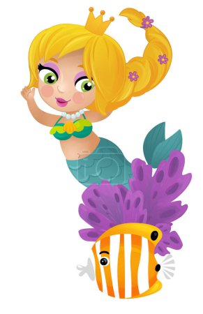 Photo for Cartoon scene with mermaid princesss wimming near coral reef isolated illustration for kids - Royalty Free Image