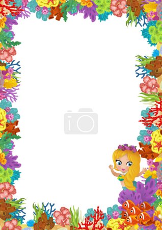 Photo for Cartoon scene with coral reef and happy fishes swimming near mermaid princess isolated illustration for kids - Royalty Free Image