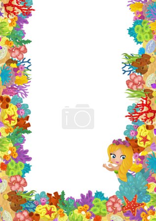 Foto de Escena de dibujos animados con arrecife de coral y peces felices nadando cerca de la princesa sirena ilustración aislada para niños - Imagen libre de derechos