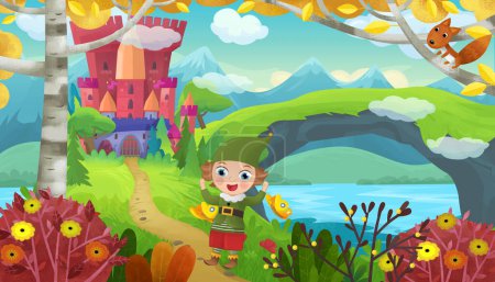 Photo for Cartoon scene with cheerful smiling dwarf near fairy tale magical castle illustration for kids - Royalty Free Image