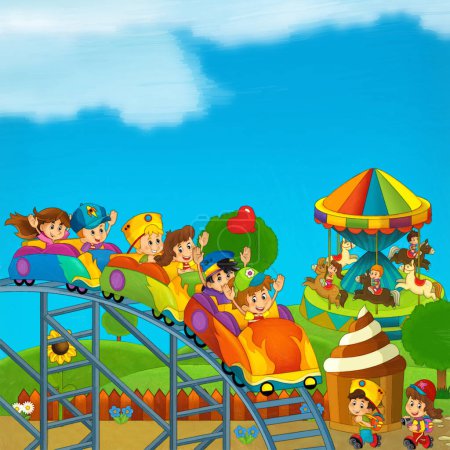 Téléchargez les photos : Scène de dessin animé avec des enfants jouant au parc d'attractions ou aire de jeux amusant illustration - en image libre de droit