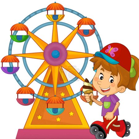 Téléchargez les photos : Scène de dessin animé avec des enfants jouant au parc d'attractions ou aire de jeux amusant illustration heureuse - en image libre de droit