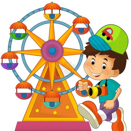 Téléchargez les photos : Scène de dessin animé avec des enfants jouant au parc d'attractions ou aire de jeux amusant illustration heureuse - en image libre de droit