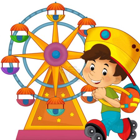 Photo for Cartoon scene with kids playing at funfair amusement park or playground happy illustration - Royalty Free Image