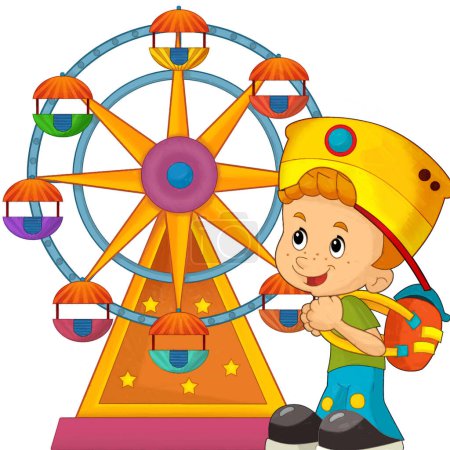 Foto de Escena de dibujos animados con niños jugando en el parque de atracciones de la feria o patio de recreo ilustración feliz - Imagen libre de derechos
